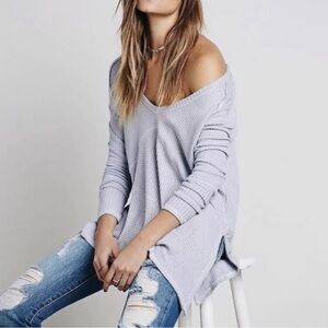 Free People Comfort Waffle Knit Raw Hem Long Sleeve Shirt Size Medium